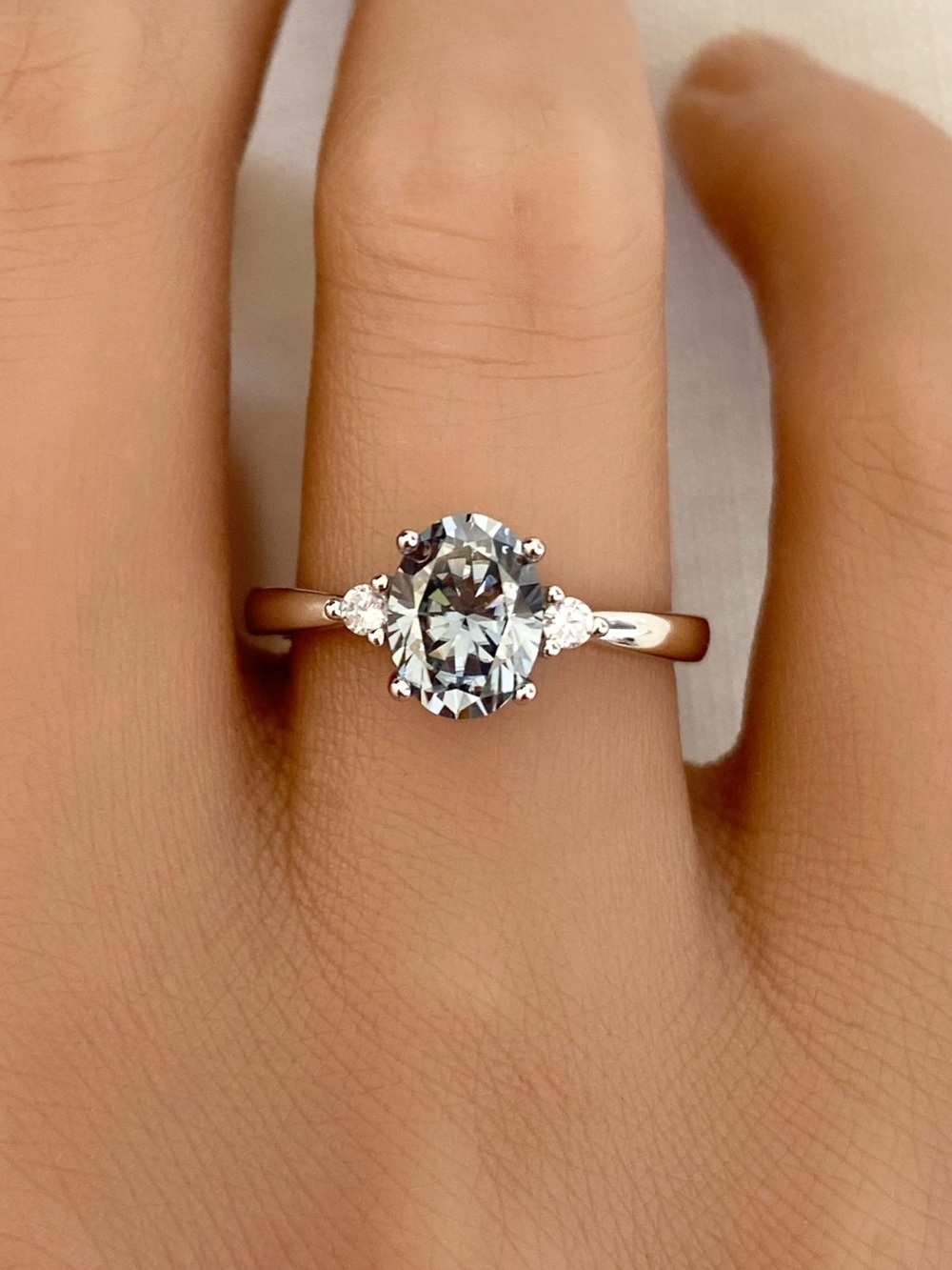 Three Stone Oval Light Gray Blue Moissanite Diamond Sterling Silver Women’s Ring